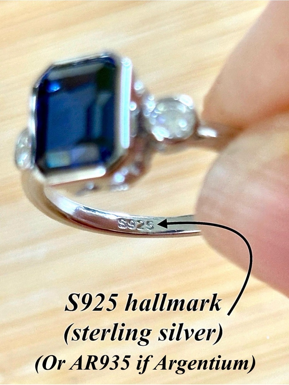 A certified 3ct lab-grown blue sapphire & .20ctw Moissanite ring, in 925 or 935! - Picture 6 of 11